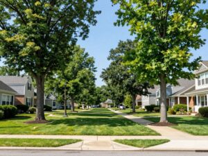 Vibrant trees in a residential area of Plymouth MI, emphasizing proactive tree care