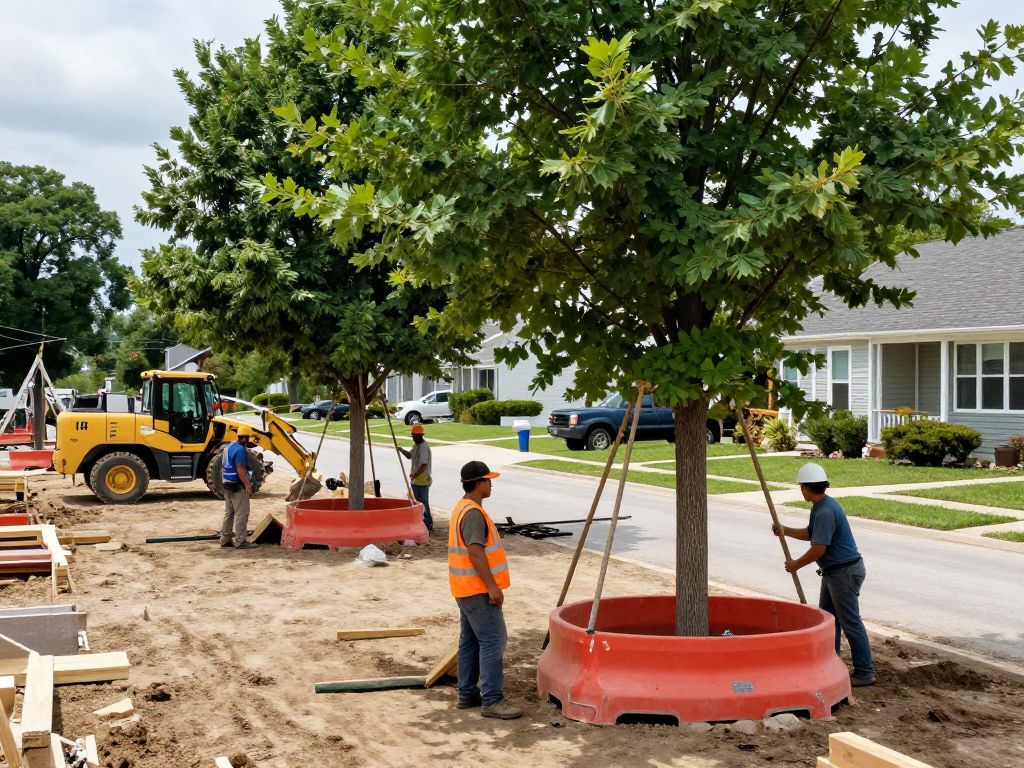 Workers setting up protective barriers around trees in Plymouth MI during a construction project.