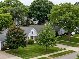 Residential neighborhood in Plymouth MI with trees and homes, highlighting tree preservation importance.
