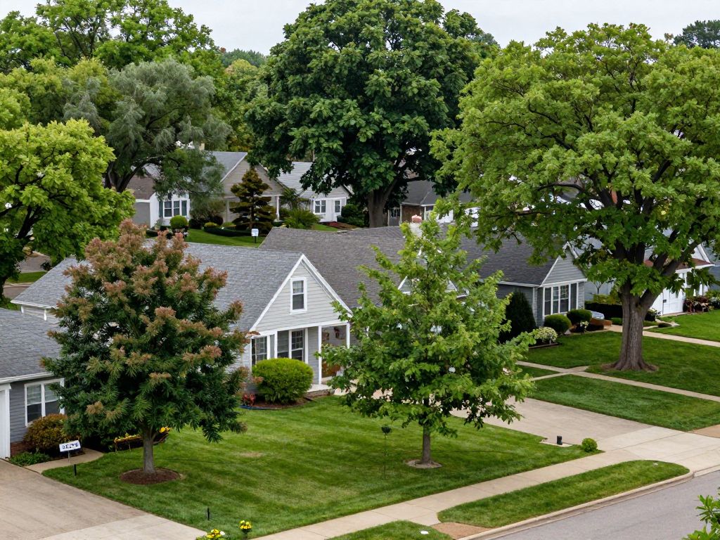 Residential neighborhood in Plymouth MI with trees and homes, highlighting tree preservation importance.