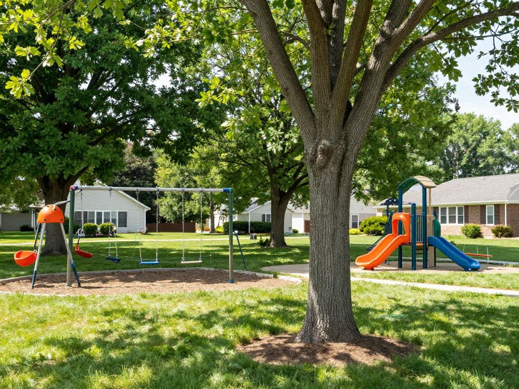 Trees and play area in Plymouth MI showing safety precautions for families
