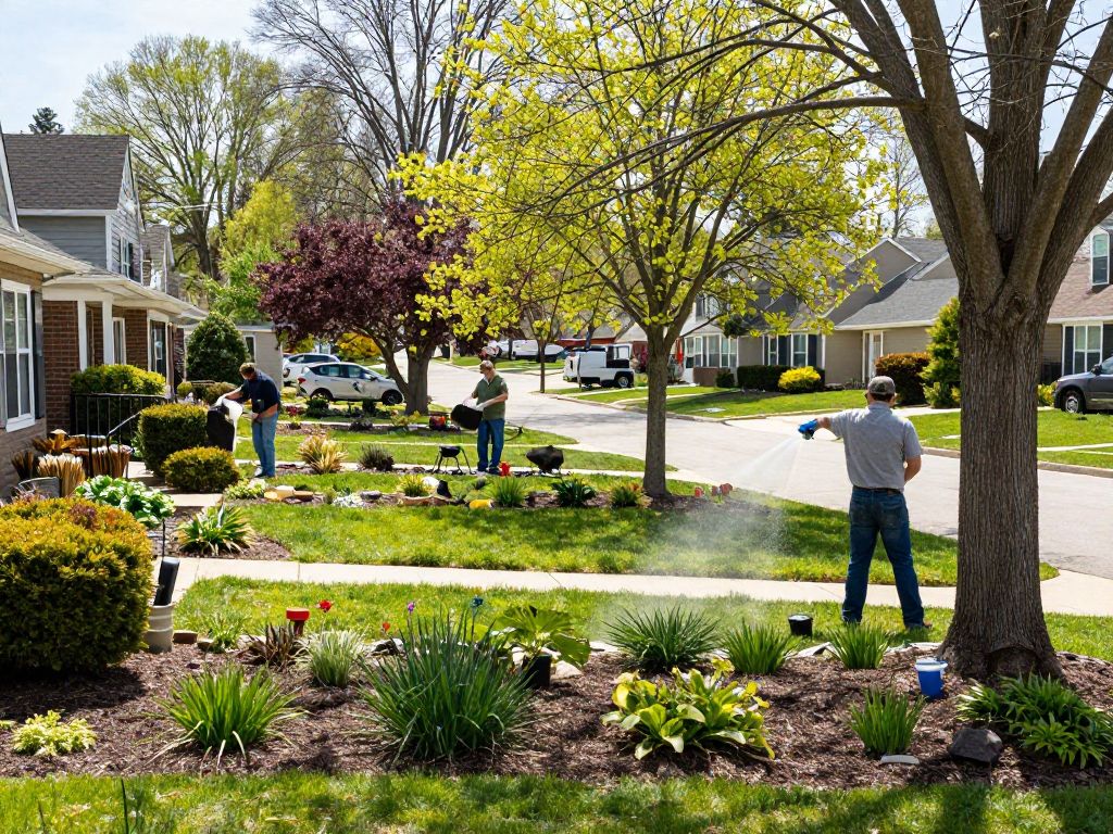 Homeowners watering trees in Plymouth MI during spring.