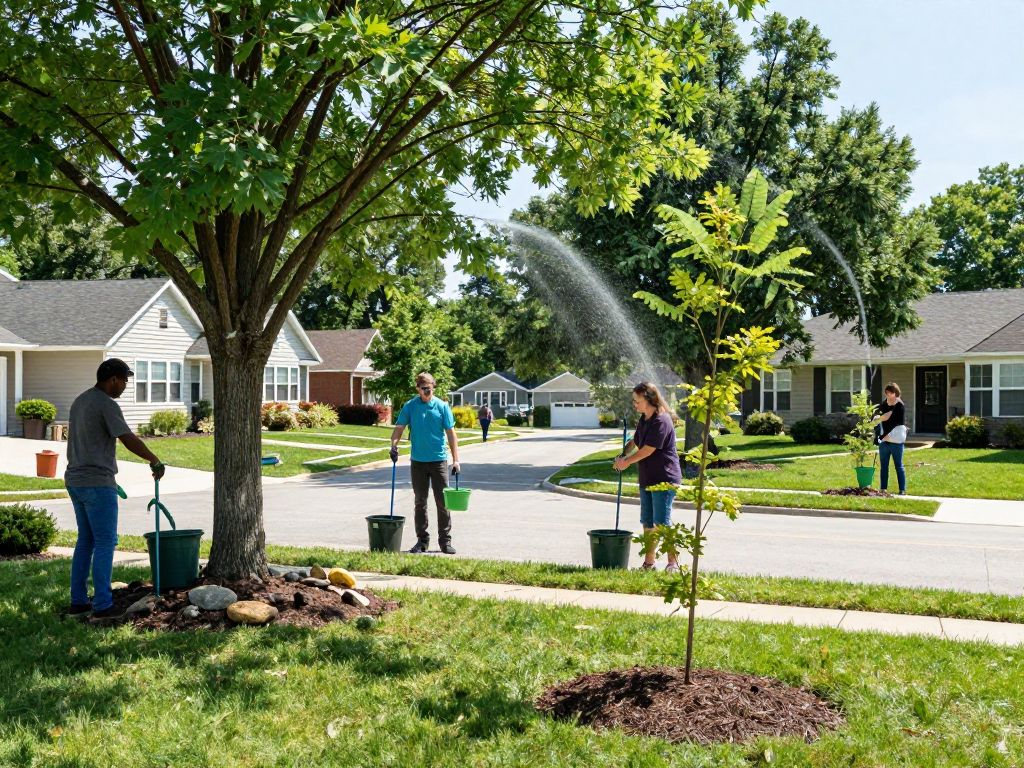 Plymouth MI homeowners watering trees in their yards during summer.